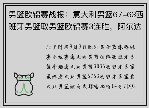 男篮欧锦赛战报：意大利男篮67-63西班牙男篮取男篮欧锦赛3连胜，阿尔达马19分